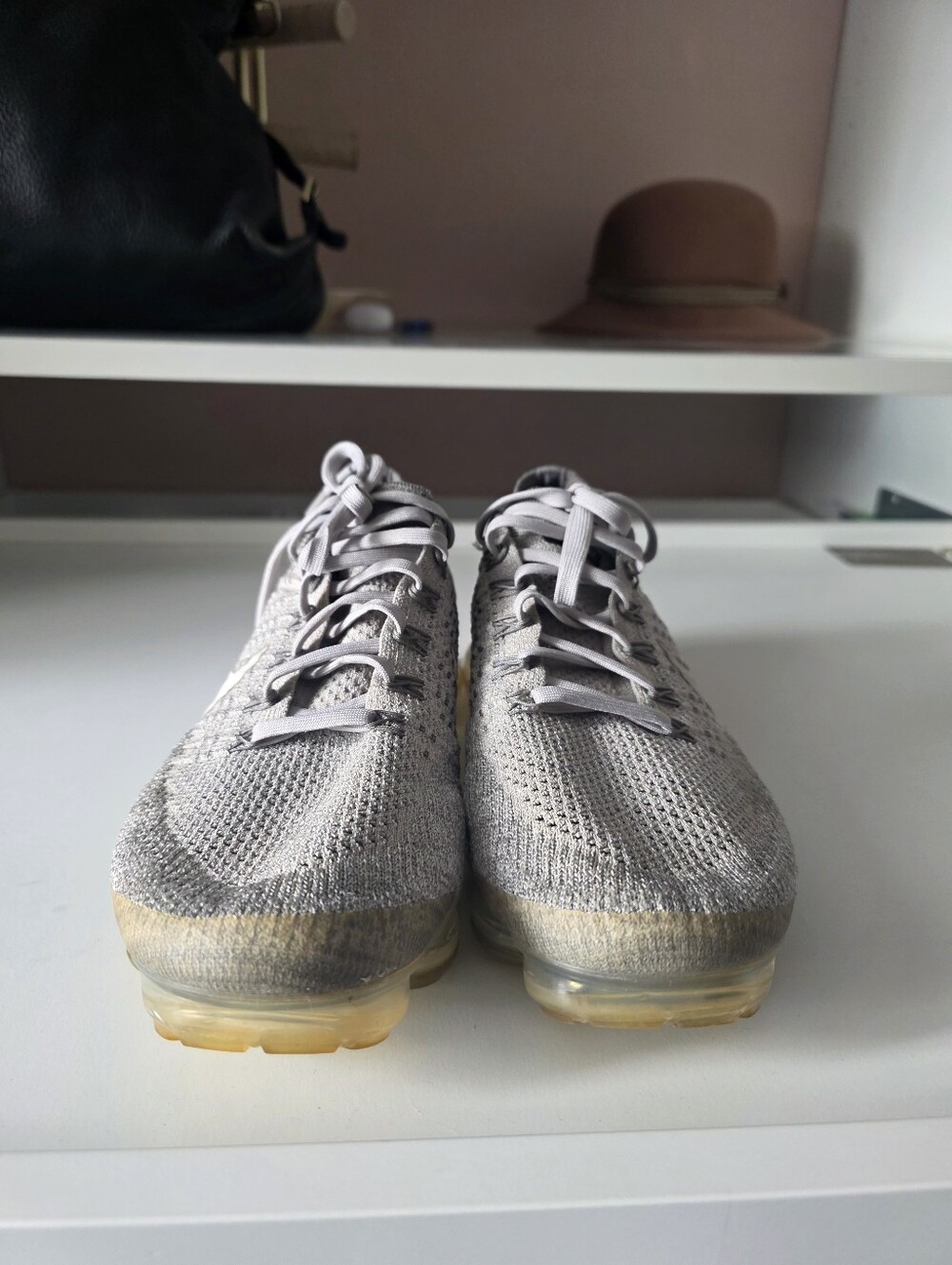 Nike Gray Knit Sneakers with Yellow-Tinted Transparent Sole